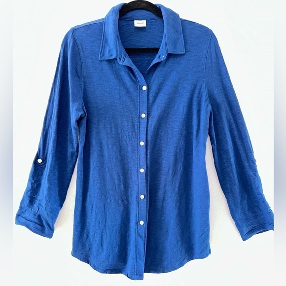 Soma Sz L Blue Button Up Tunic Cotton Modal Slub Knit Shirt Roll Tab Sleeve Top - Picture 5 of 8